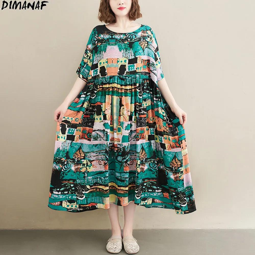 DIMANAF-오버사이즈 여성 드레스, 2021 년 여름 리넨 비치 플로랄 프린트 드레스, 빈티지 캐주얼 맥시 그린 드레스
